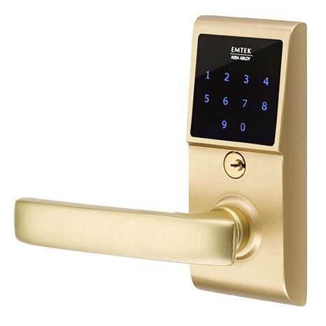 Emtek Geneva Left Hand Emtouch Storeroom Lever with Electronic Touchscreen Lock in Satin Brass