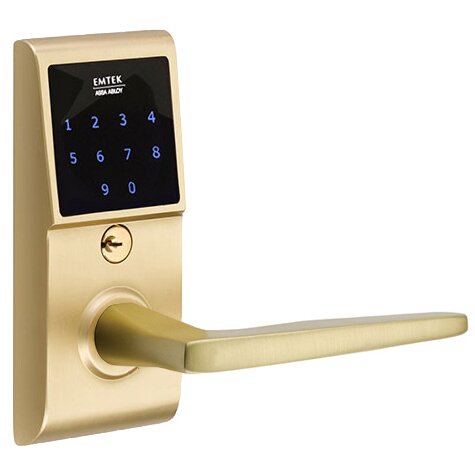 Emtek Hermes Right Hand Emtouch Storeroom Lever with Electronic Touchscreen Lock in Satin Brass