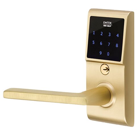 Emtek Helios Left Hand Emtouch Storeroom Lever with Electronic Touchscreen Lock in Satin Brass