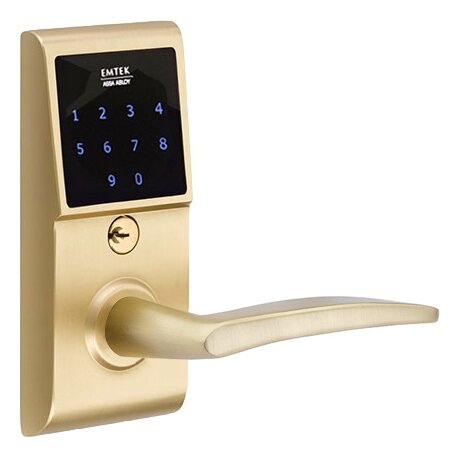Emtek Poseidon Right Hand Emtouch Storeroom Lever with Electronic Touchscreen Lock in Satin Brass