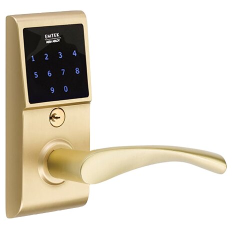 Emtek Triton Right Hand Emtouch Storeroom Lever with Electronic Touchscreen Lock in Satin Brass
