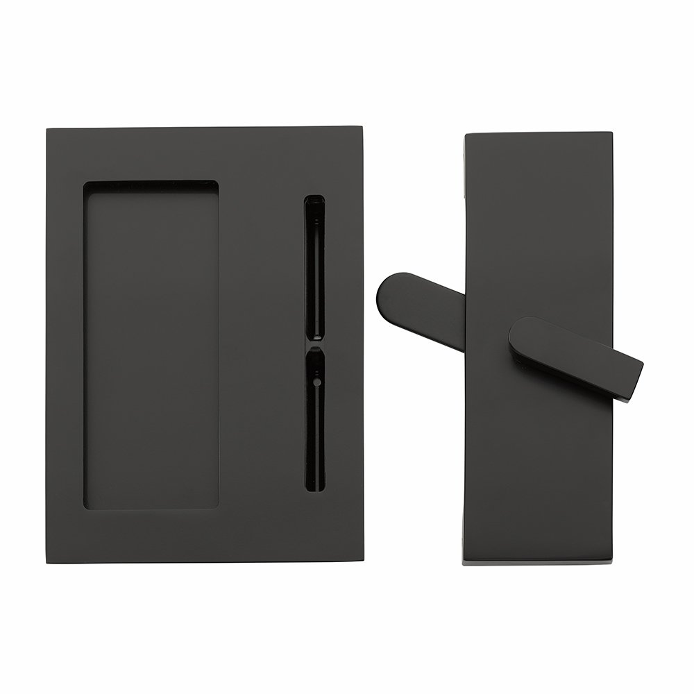Emtek Modern Rectangular Barn Door Privacy Lock and Flush Pull with Integrated Strike in Flat Black