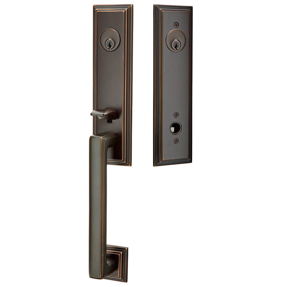 Emtek Double Cylinder Wilshire Handleset with Freestone Square Knob in Oil Rubbed Bronze