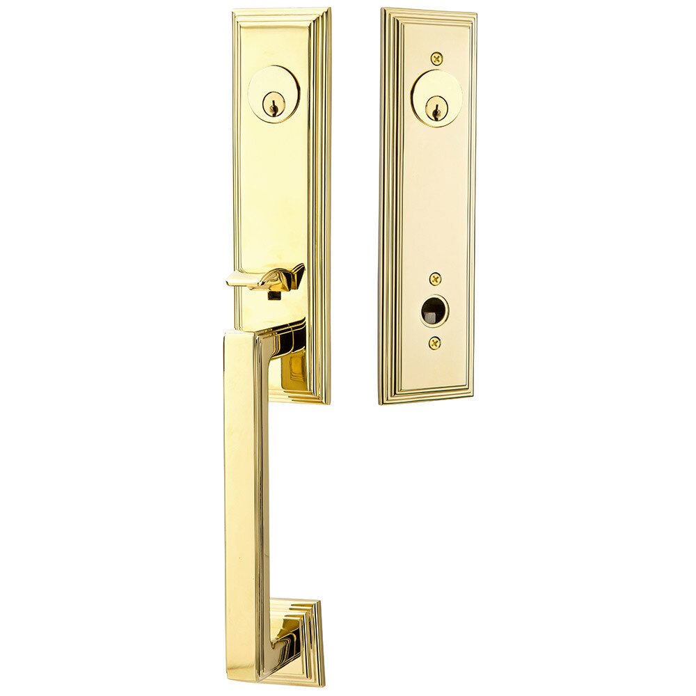 Emtek Double Cylinder Wilshire Handleset with Luzern Right Handed Lever in Unlacquered Brass