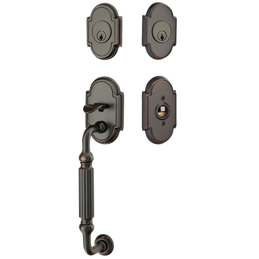 Emtek Double Cylinder Knoxville Handleset with Ribbon and Reed Left Handed Lever in Oil Rubbed Bronze