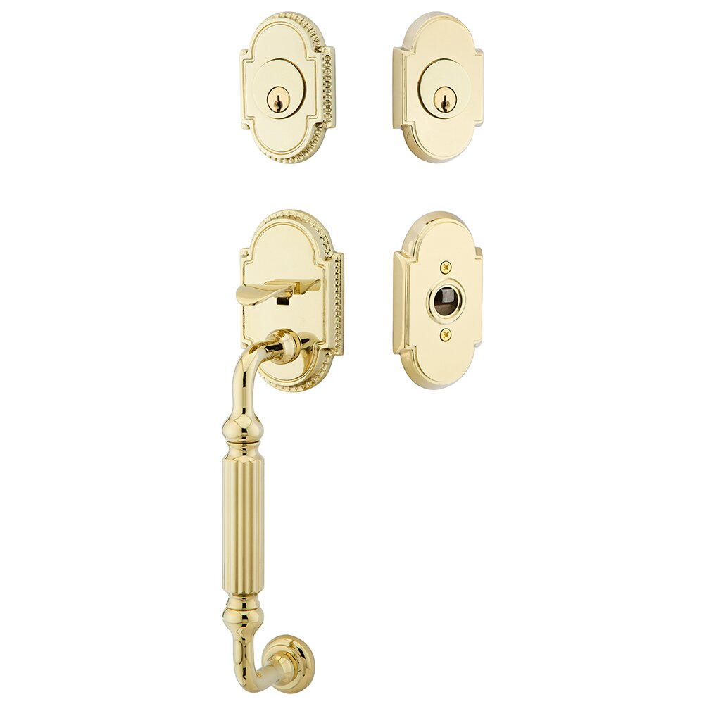 Emtek Double Cylinder Knoxville Handleset with Old Town Crystal Knob in Unlacquered Brass