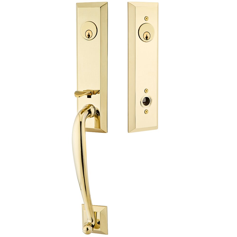 Emtek Double Cylinder Adams Handleset with Modern Square Crystal Knob in Unlacquered Brass