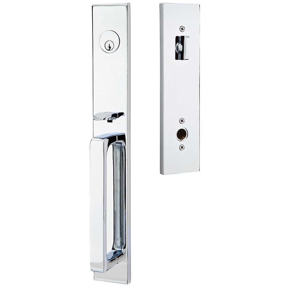 Emtek Single Cylinder Lausanne Handleset with Freestone Right Handed Lever in Polished Chrome