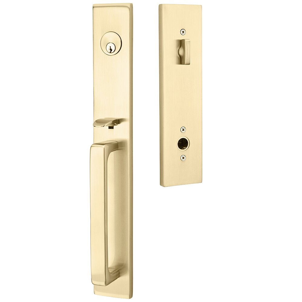 Emtek Single Cylinder Lausanne Handleset with Helios Right Handed Lever in Satin Brass