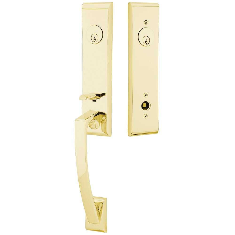 Emtek Double Cylinder Apollo Handleset with Ribbon And Reed Knob in Unlacquered Brass