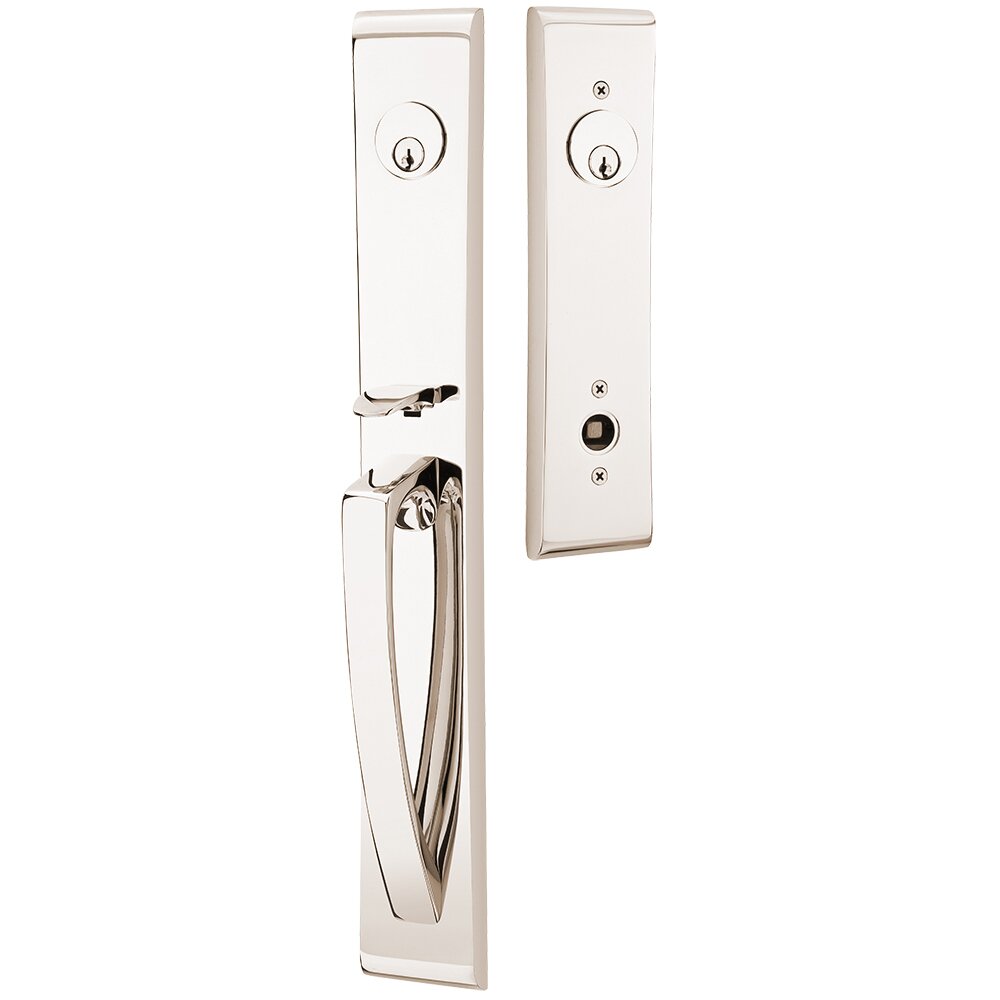 Emtek Double Cylinder Orion Handleset with Freestone Right Handed Lever in Polished Nickel