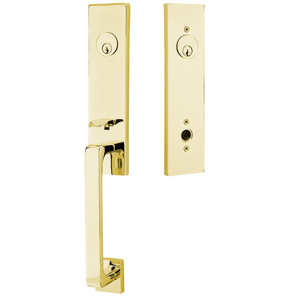 Emtek Double Cylinder Davos Handleset with Old Town Crystal Knob in Unlacquered Brass