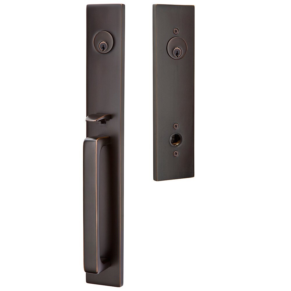 Emtek Double Cylinder Lausanne Handleset with Freestone Square Knob in Oil Rubbed Bronze