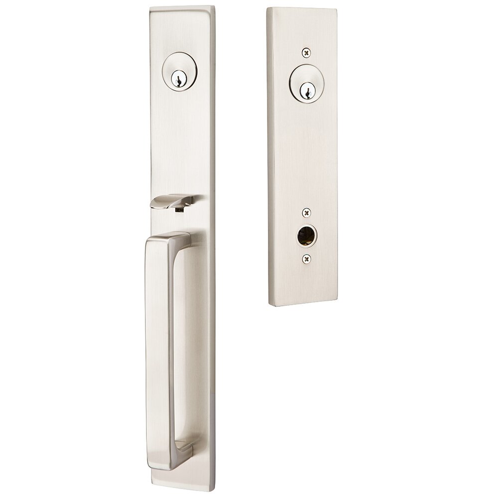 Emtek Double Cylinder Lausanne Handleset with Aston Right Handed Lever in Satin Nickel