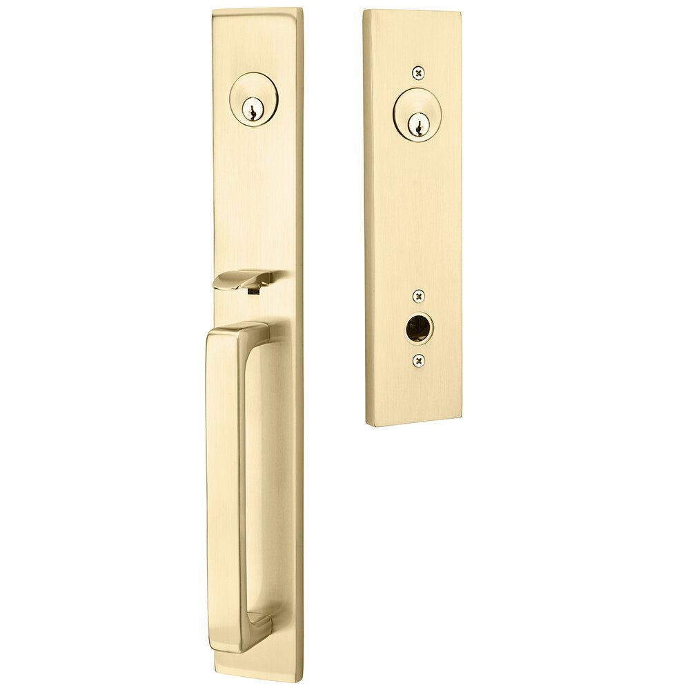 Emtek Double Cylinder Lausanne Handleset with Myles Right Handed Lever in Satin Brass