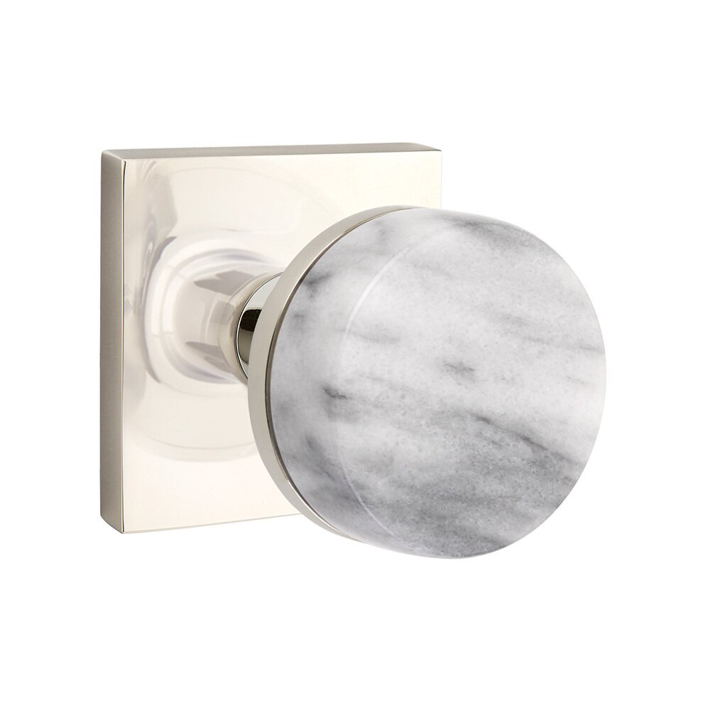 Emtek Double Dummy Square Rosette with Conical Stem and White Marble Knob in Polished Nickel
