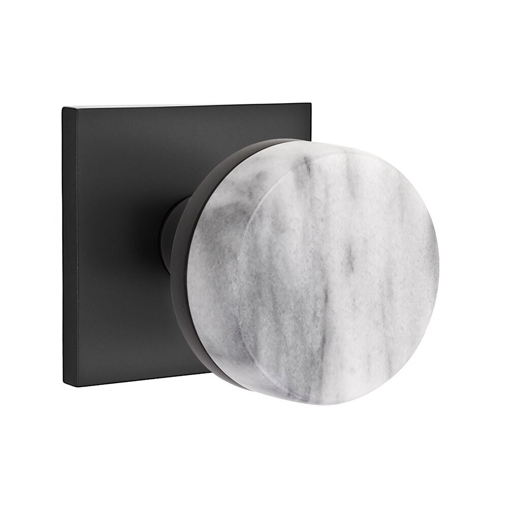 Emtek Single Dummy Square Rosette with Conical Stem and White Marble Knob in Flat Black