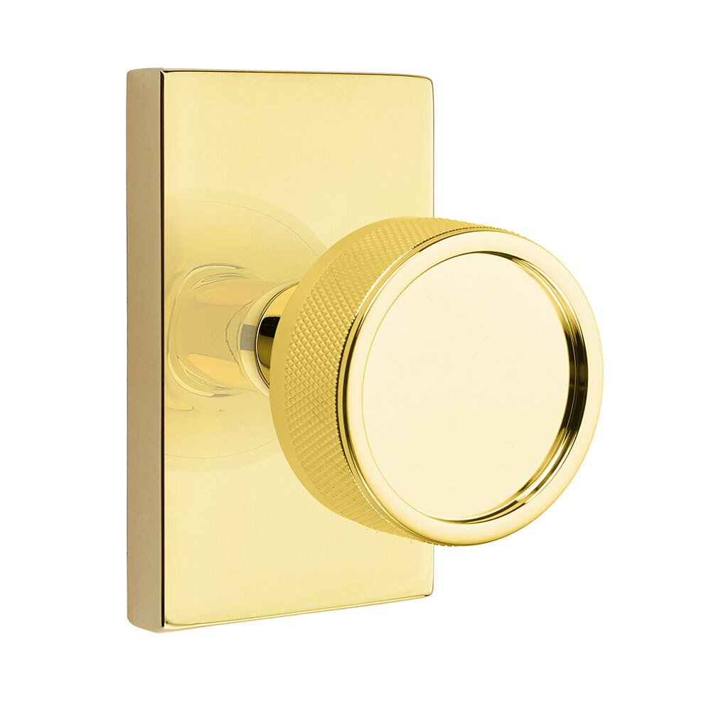 Emtek Double Dummy Modern Rectangular Rosette with Conical Stem and Knurled Knob in Unlacquered Brass