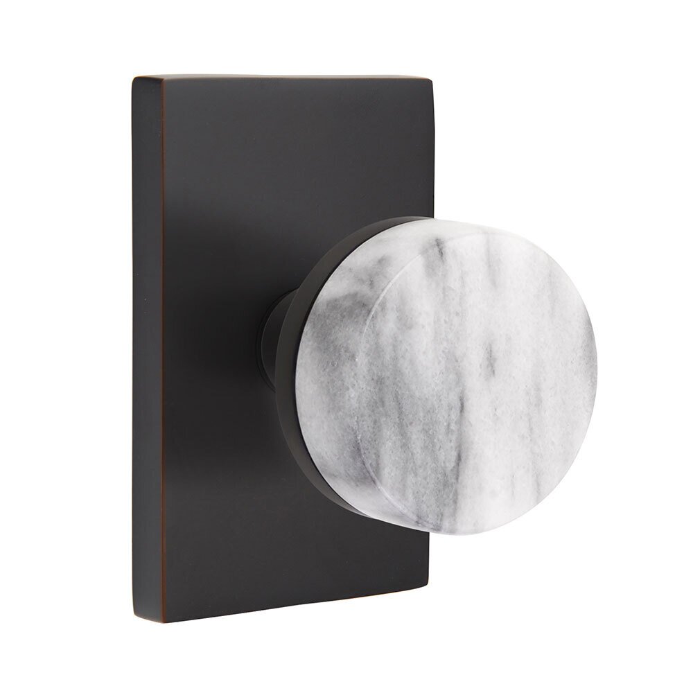 Emtek Double Dummy Modern Rectangular Rosette with Conical Stem and White Marble Knob in Oil Rubbed Bronze