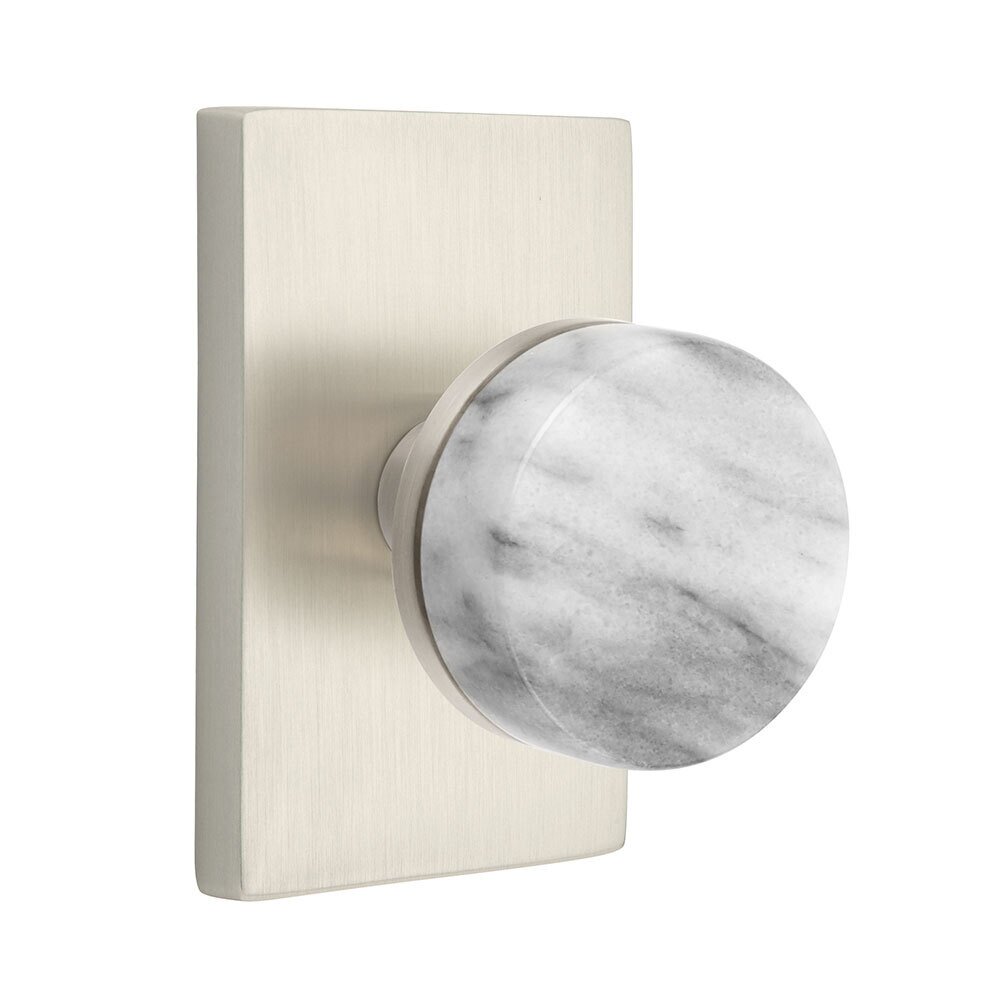 Emtek Double Dummy Modern Rectangular Rosette with Conical Stem and White Marble Knob in Satin Nickel