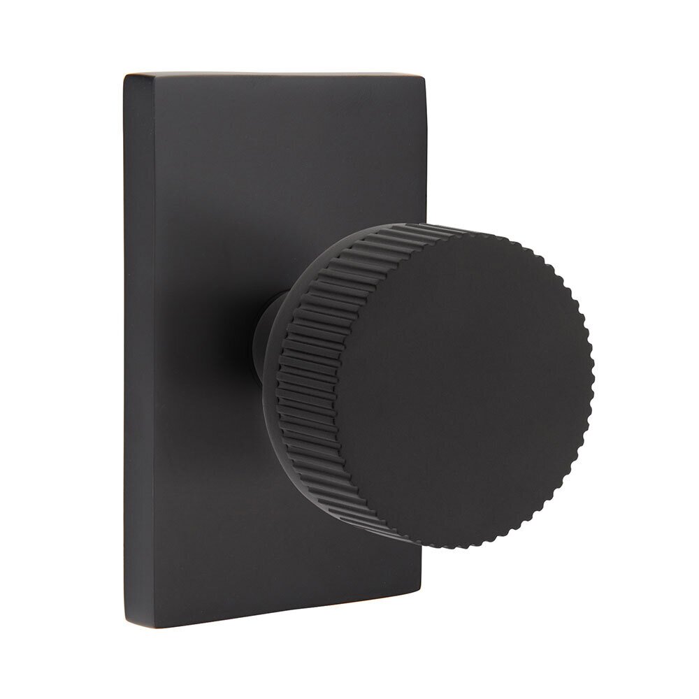 Emtek Double Dummy Modern Rectangular Rosette with Conical Stem and Straight Knurled Knob in Flat Black