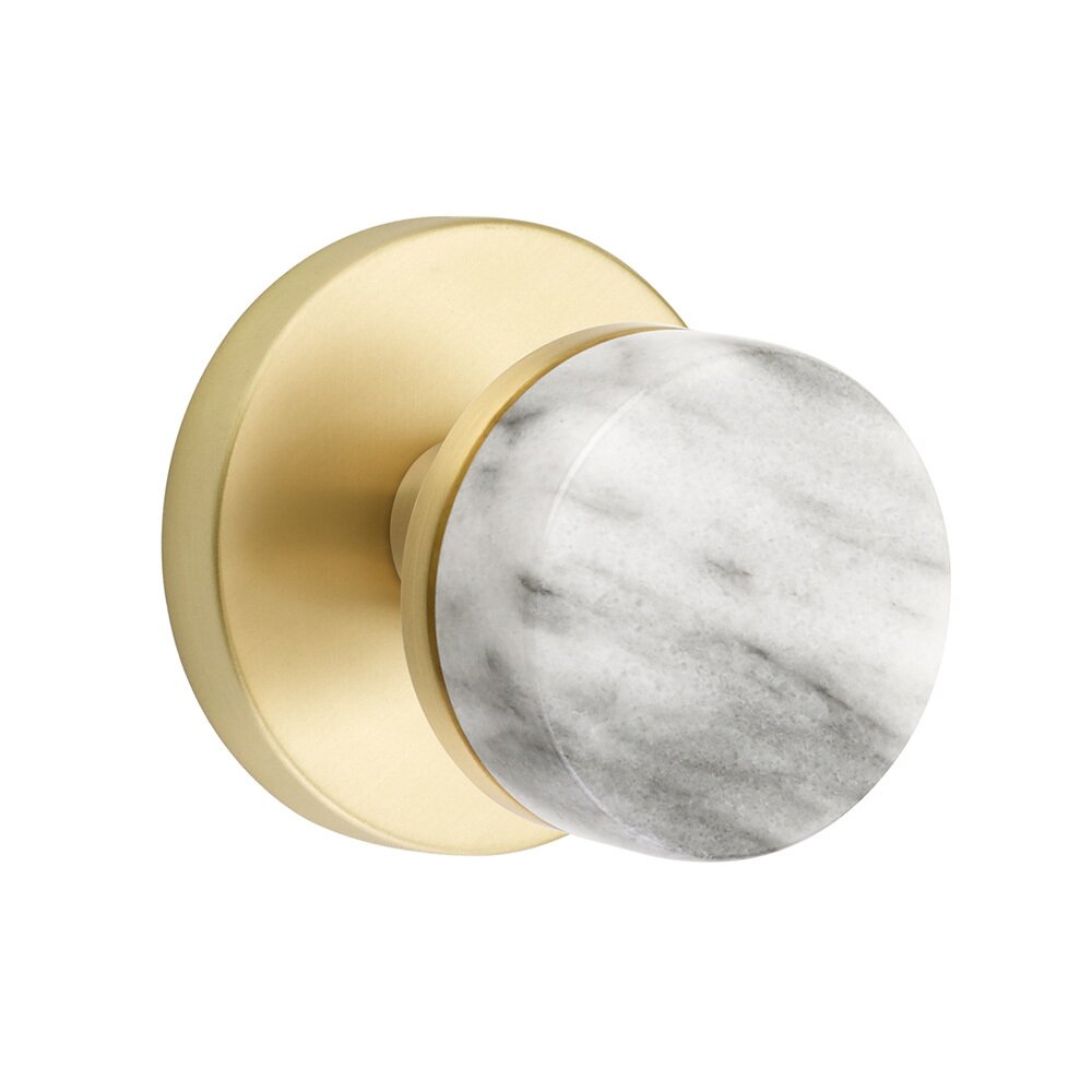 Emtek Double Dummy Disk Rosette with Conical Stem and White Marble Knob in Satin Brass