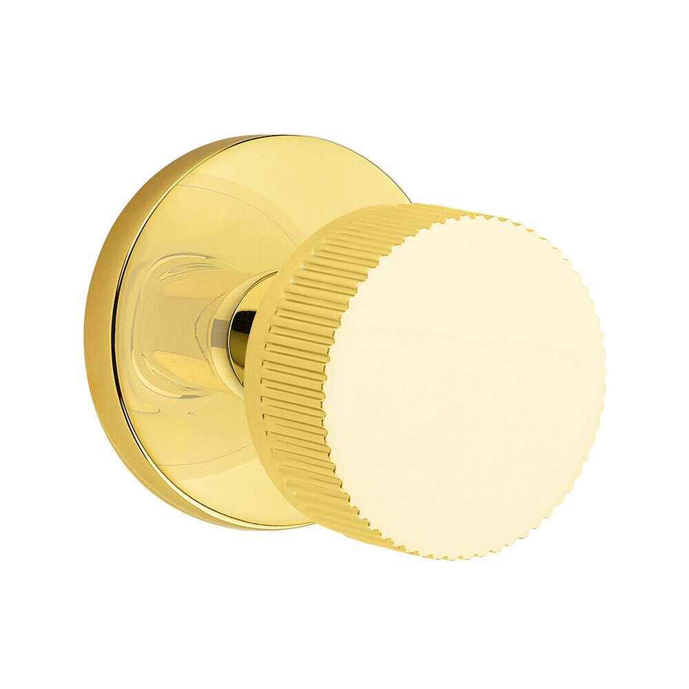 Emtek Passage Disk Rosette with Concealed Screws Conical Stem and Straight Knurled Knob in Unlacquered Brass