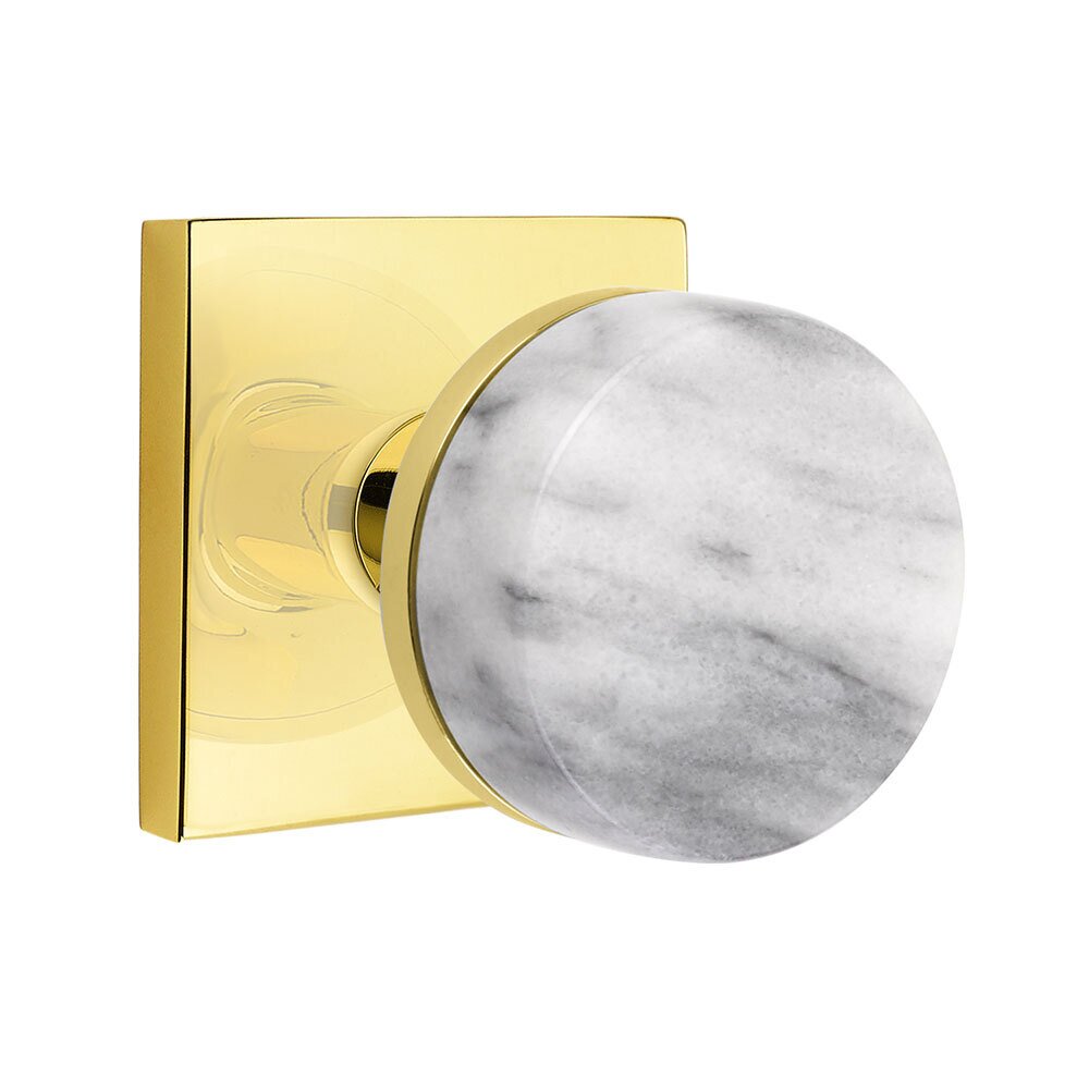 Emtek Passage Square Rosette with Concealed Screws Conical Stem and White Marble Knob in Unlacquered Brass