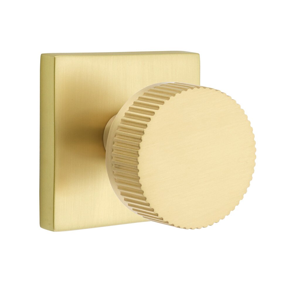 Emtek Passage Square Rosette with Conical Stem and Straight Knurled Knob in Satin Brass