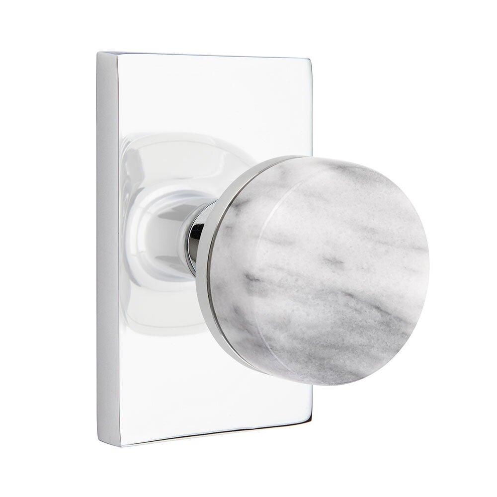 Emtek Passage Modern Rectangular Rosette with Concealed Screws Conical Stem and White Marble Knob in Polished Chrome