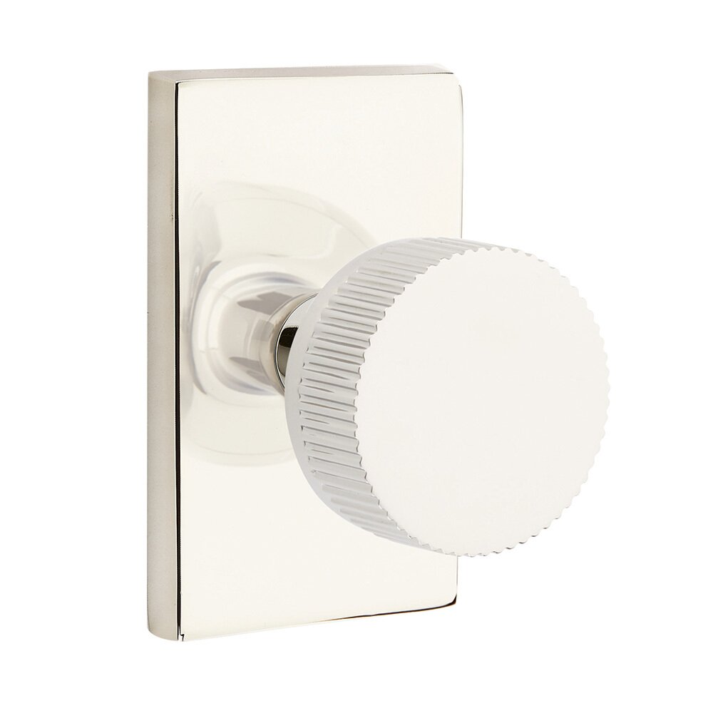 Emtek Passage Modern Rectangular Rosette with Conical Stem and Straight Knurled Knob in Polished Nickel