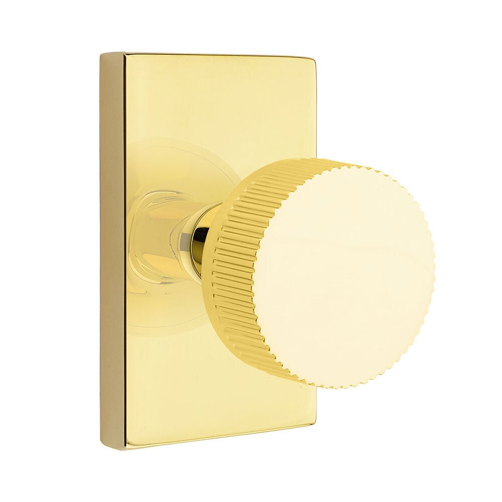Emtek Passage Modern Rectangular Rosette with Conical Stem and Straight Knurled Knob in Unlacquered Brass