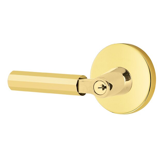 Emtek Key In L-Square Faceted Left Handed Lever with Disk Rosette in Unlacquered Brass