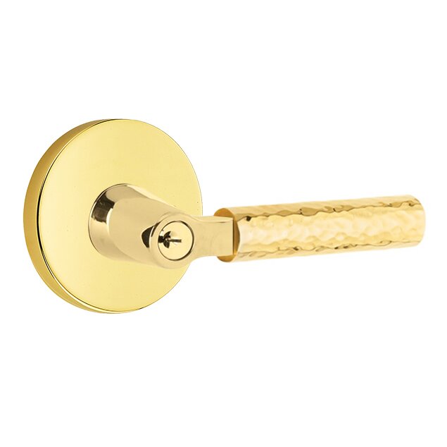 Emtek Key In L-Square Hammered Right Handed Lever with Disk Rosette in Unlacquered Brass
