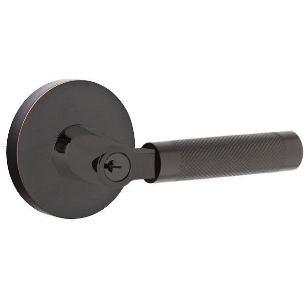 Emtek Key In L-Square Knurled Right Handed Lever with Disk Rosette in Oil Rubbed Bronze