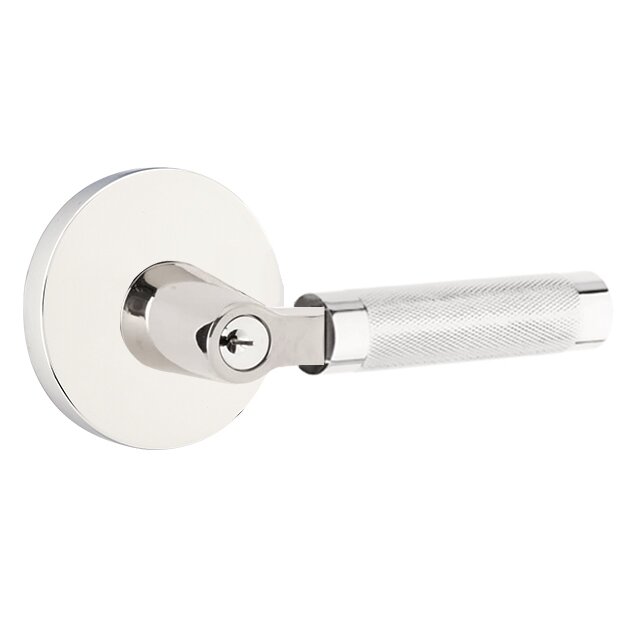 Emtek Key In L-Square Knurled Right Handed Lever with Disk Rosette in Polished Chrome
