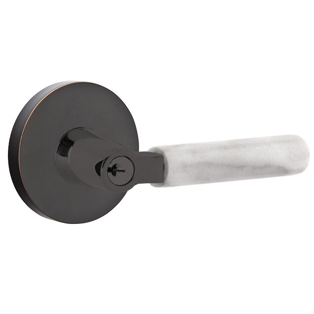 Emtek Key In L-Square White Marble Right Handed Lever with Disk Rosette in Oil Rubbed Bronze