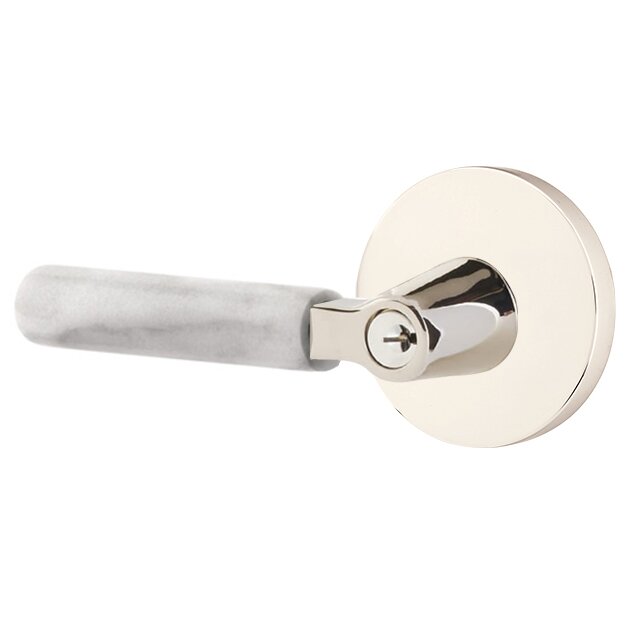 Emtek Key In L-Square White Marble Left Handed Lever with Disk Rosette in Polished Nickel