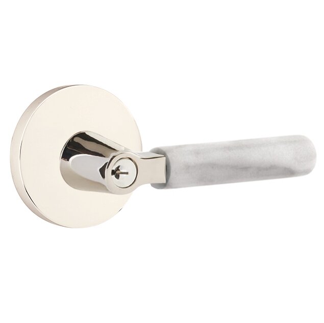 Emtek Key In L-Square White Marble Right Handed Lever with Disk Rosette in Polished Nickel