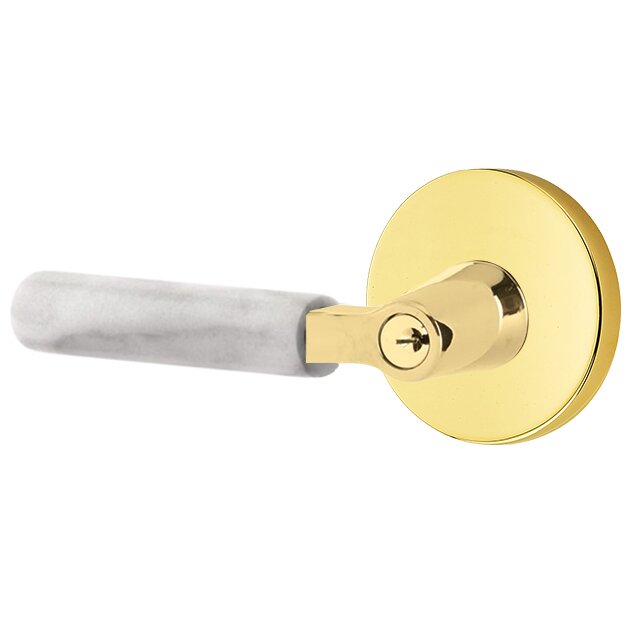 Emtek Key In L-Square White Marble Left Handed Lever with Disk Rosette in Unlacquered Brass