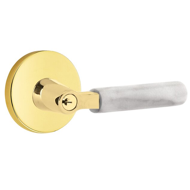 Emtek Key In L-Square White Marble Right Handed Lever with Disk Rosette in Unlacquered Brass