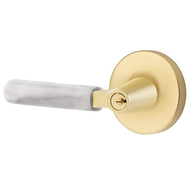 Emtek Key In L-Square White Marble Left Handed Lever with Disk Rosette in Satin Brass