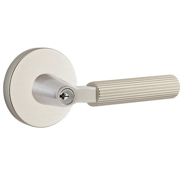 Emtek Key In L-Square Straight Knurled Right Handed Lever with Disk Rosette in Satin Nickel
