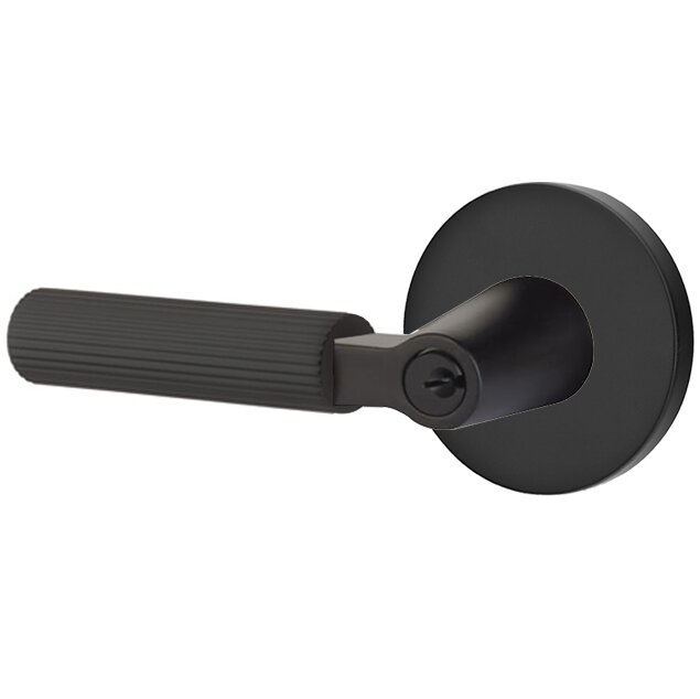 Emtek Key In L-Square Straight Knurled Left Handed Lever with Disk Rosette in Flat Black