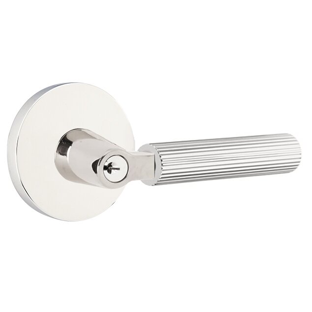 Emtek Key In L-Square Straight Knurled Right Handed Lever with Disk Rosette in Polished Chrome
