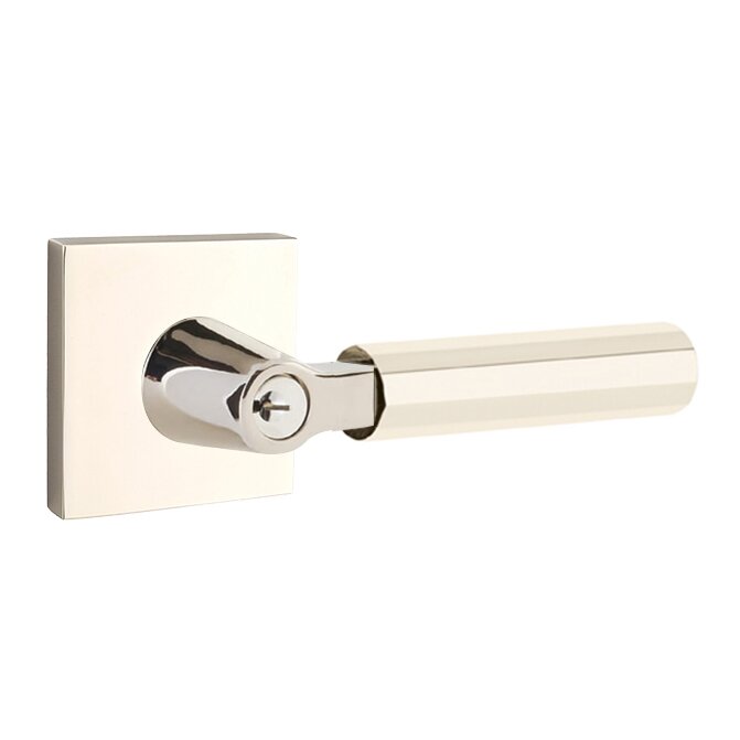 Emtek Key In L-Square Faceted Right Handed Lever with Square Rosette in Polished Nickel