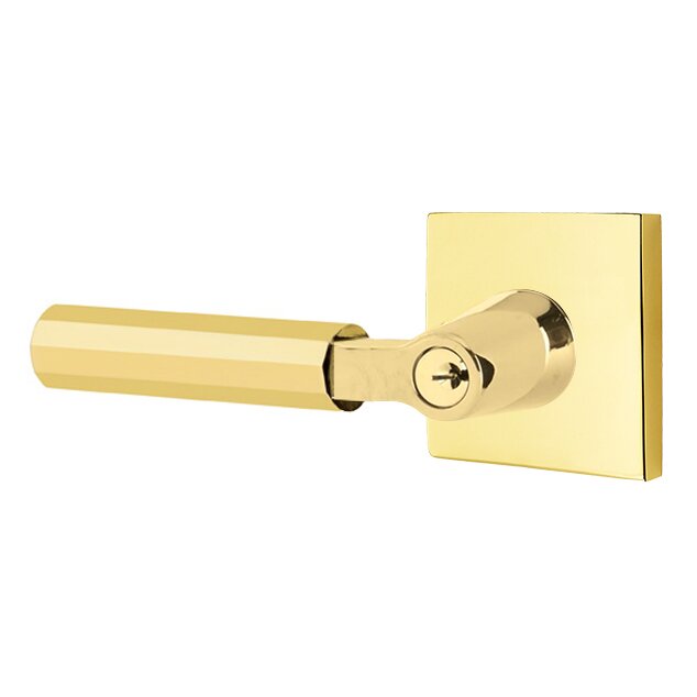 Emtek Key In L-Square Faceted Left Handed Lever with Square Rosette in Unlacquered Brass