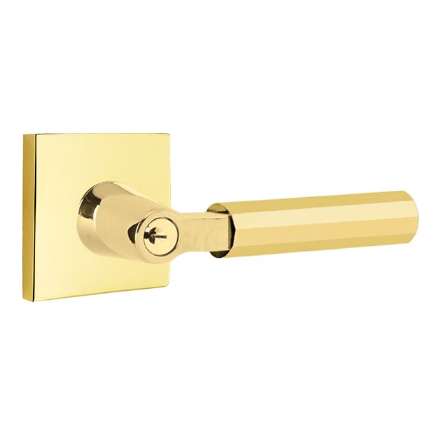 Emtek Key In L-Square Faceted Right Handed Lever with Square Rosette in Unlacquered Brass
