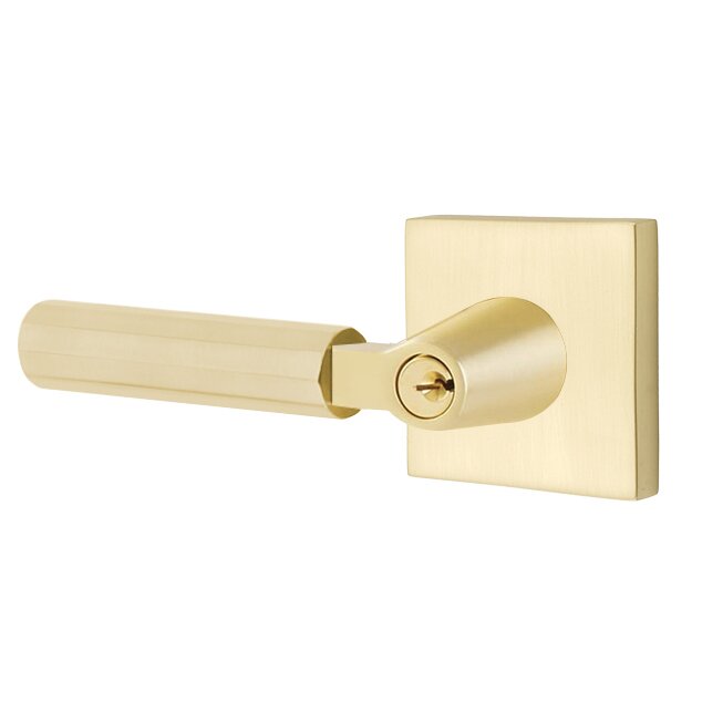 Emtek Key In L-Square Faceted Left Handed Lever with Square Rosette in Satin Brass