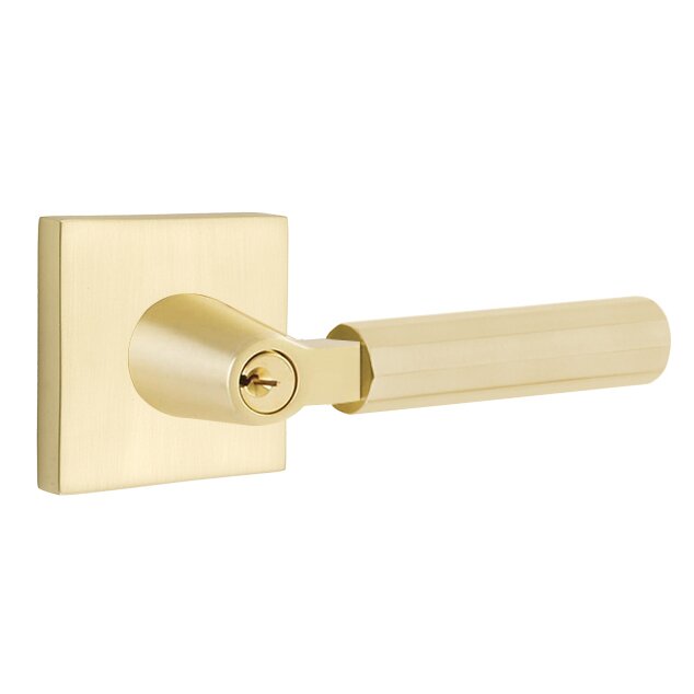 Emtek Key In L-Square Faceted Right Handed Lever with Square Rosette in Satin Brass